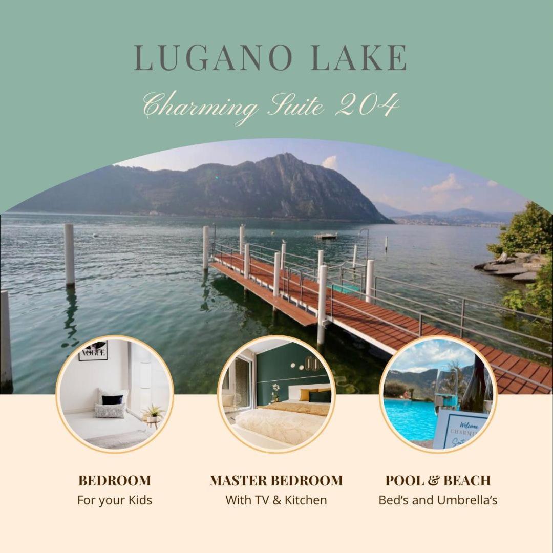 Luganersee, Pool, Strand, Parkplatz, Suite 204 Bissone Esterno foto